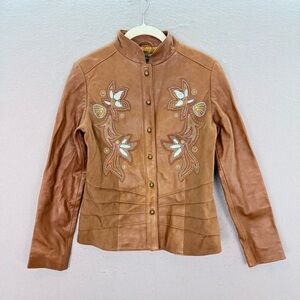 Maurizio Jeans Vintage 70s women’s cognac Italian leather Jacket embroidered‎ XS